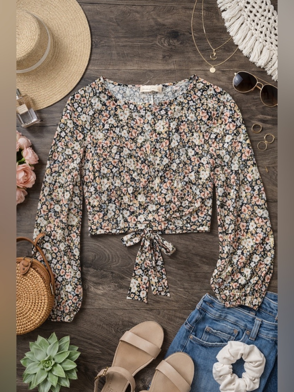 Altar’d State Floral Tie Front Crop Top Boho Long Sleeve Blouse Size XS